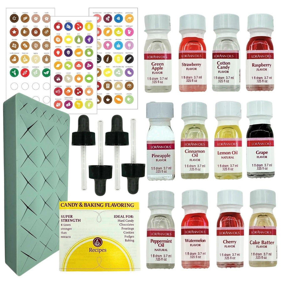 Lorann Oils Flavoring Variety Pack (1/8 oz. ea) with Recipe Book, Storage Stand, 4x Eye Dropper Tool - 12 Flavors Including Green Apple, Strawberry, and Cinnamon Oil for Candy Making and Baking