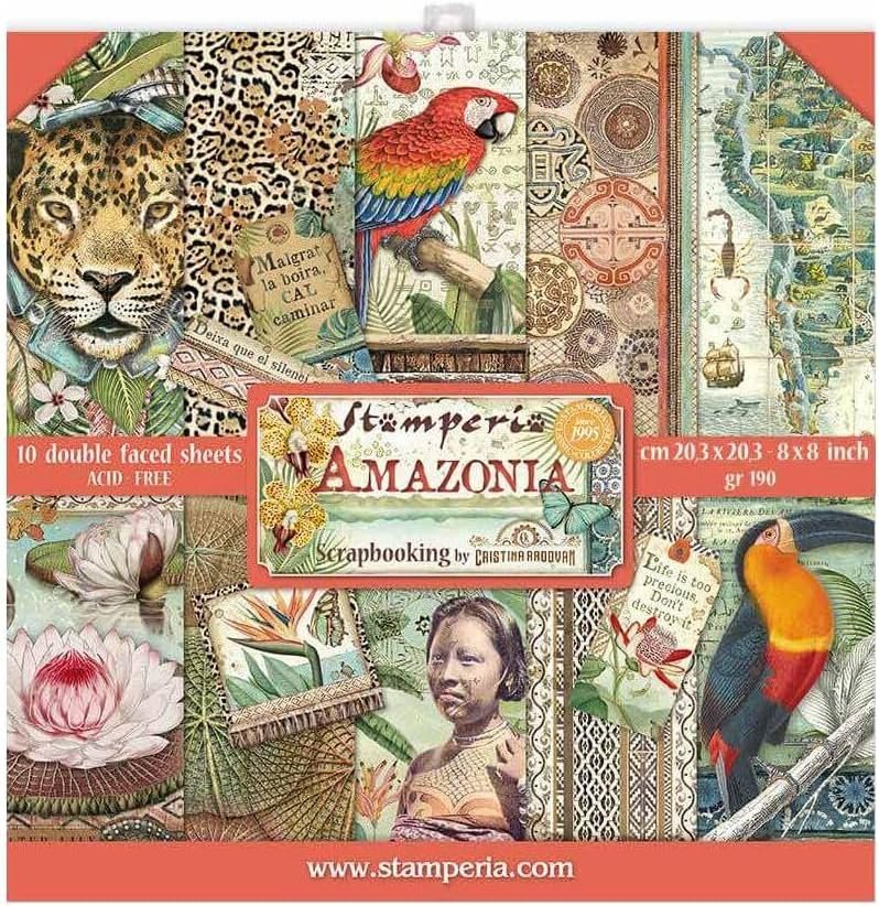 Stamperia Mini Scrapbooking Pad-Double Sided Sheets-Amazonia, Paper, Wooden, 8 x 8 inches v