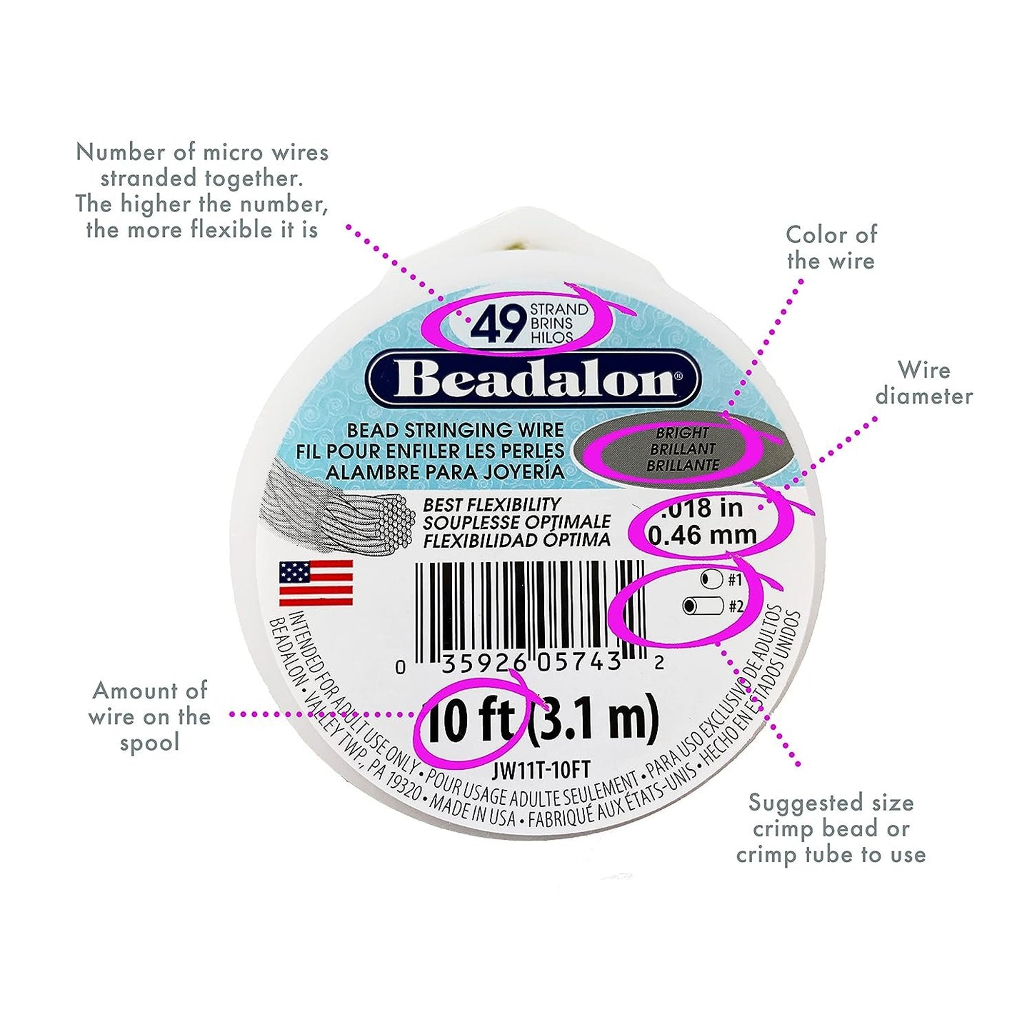 Beadalon 49 Strand Stainless Steel Bead Stringing Wire.018 in / 0.46 mm, Bright, 30 ft / 9.2 m