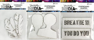 Dina Wakley Media 2021 Chipboard Shapes - Feathers, Passport and Speak Out - Three Item Bundle, White