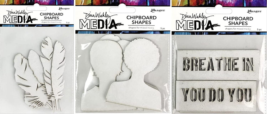 Dina Wakley Media 2021 Chipboard Shapes - Feathers, Passport and Speak Out - Three Item Bundle, White