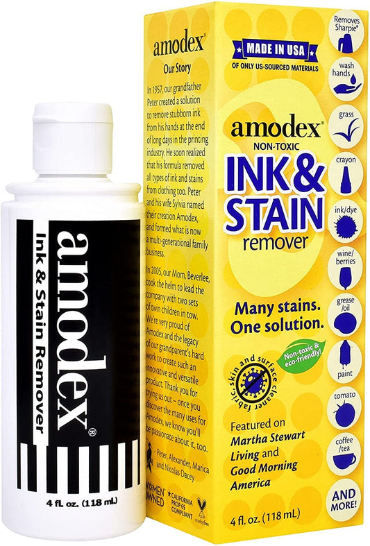 Amodex Ink and Stain Remover – Cleans Marker, Ink, Crayon, Pen, Makeup from Furniture, Skin, Clothing, Fabric, Leather - Liquid Solution - 4 fl oz Bottle