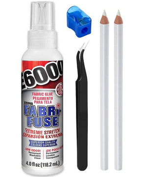 E6000 Glue Fabri-Fuse Fabric Glue Adhesive - 4 fl oz Shelf Bottle - with Pixiss Accessories Needle Tip Tweezers, and 2 Jewel Picker Pencils