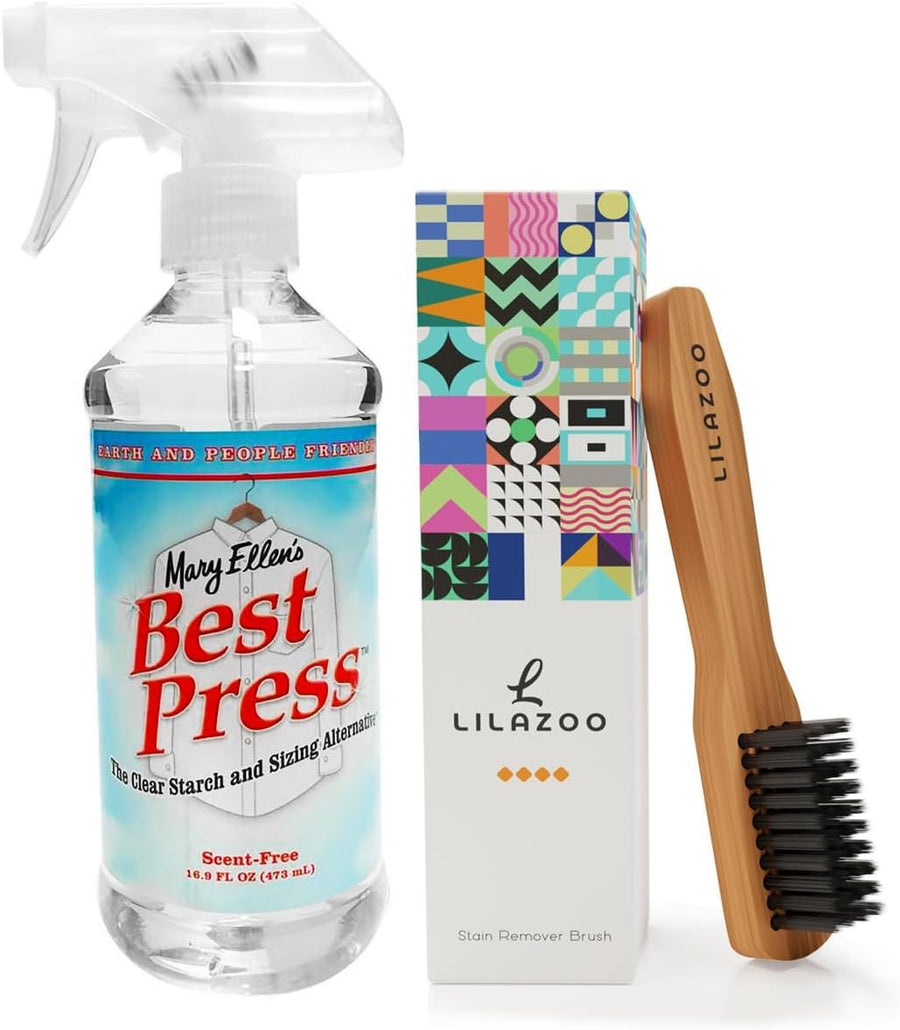 Mary Ellen's Best Press - Anti-Wrinkle Spray Starch for Ironing And Lilazoo's Household and Laundry Brush - Stain Remover Soft Bristle Scrub Brush for Shoes, Dishes, Bathrooms, Kitchens, Home Cleaning