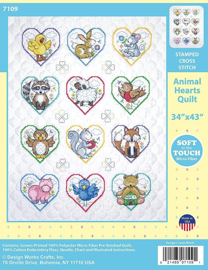 Design Works Crafts Janlynn Stamped for Cross Stitch Baby Quilt Kit, Animal Hearts