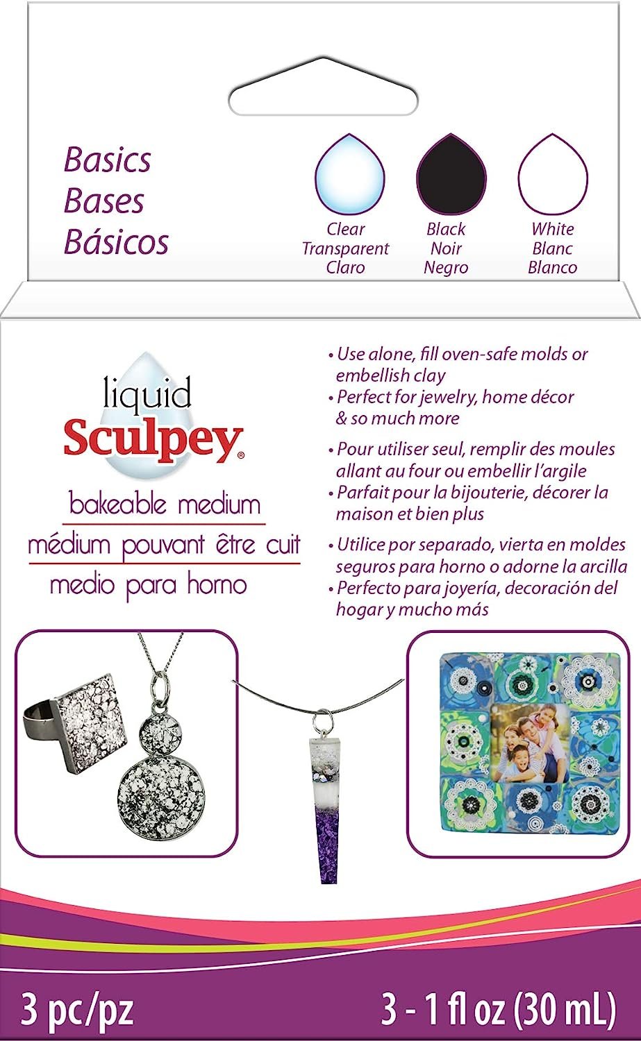 Liquid Sculpey Liquid Polymer Oven-Bake Clay, Classic Sampler Pack, Three 1 oz. bottles included, White, Black and Clear colors, Great for jewelry, holiday, DIY