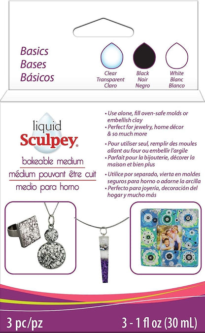 Liquid Sculpey Liquid Polymer Oven-Bake Clay, Classic Sampler Pack, Three 1 oz. bottles included, White, Black and Clear colors, Great for jewelry, holiday, DIY