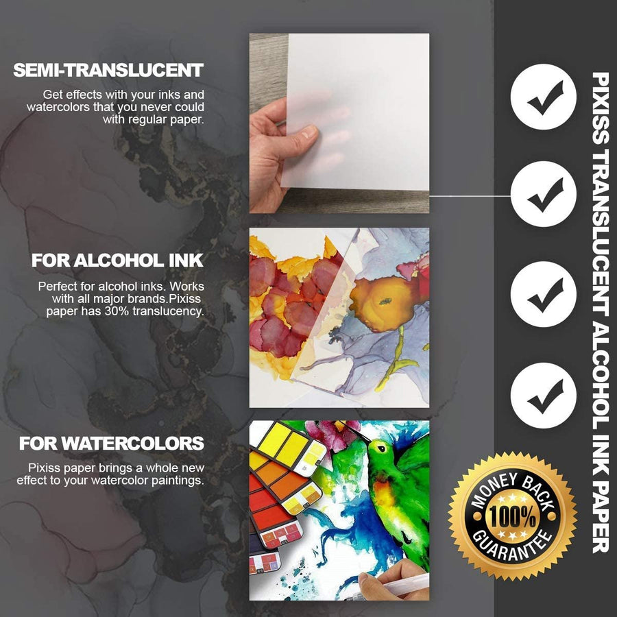 Translucent White Alcohol Ink Paper (25 Sheets) - Semi Transparent - Pixiss Heavy Weight Translucent Paper for Alcohol Ink & Watercolor, Synthetic Paper A4 8x12 Inches (210x297mm), 153gsm