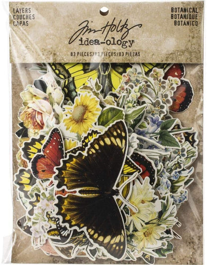 Tim Holtz Idea-Ology Layers-Botanicals 83 Pieces, 3 Rolls Dual-Adhesive Foam Mount Tape, 45 Wooden Finishing Accents, Collage Materials Kit, 131 Pieces Total