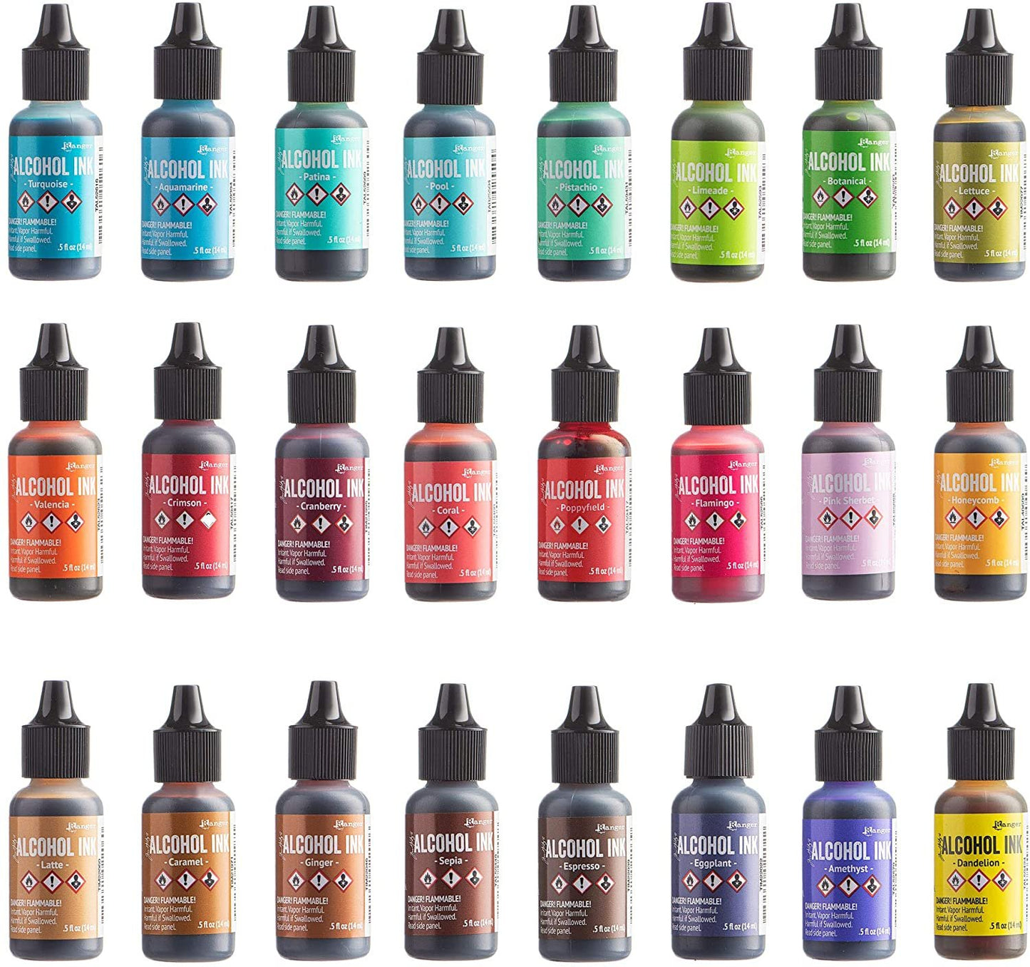 Ranger Tim Holtz Alcohol Ink Set, 24 Pack (Assorted Colors) .5oz | Alcohol Ink Blending Solution | Premium Brush Set for Alcohol Ink Paper | 1 Mini Spray Bottle
