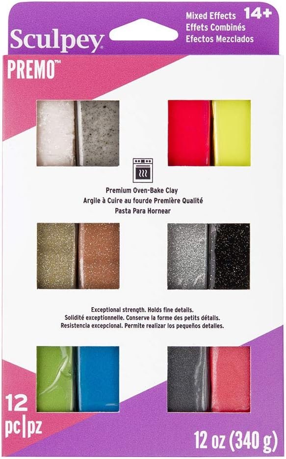 Sculpey Premo Metallics and Glitters Color sampler pack, 12 colors, Premium Polymer Oven-Bake Clay, Non Toxic, 12 oz., Great for jewelry making, holiday, DIY, mixed media andmore.