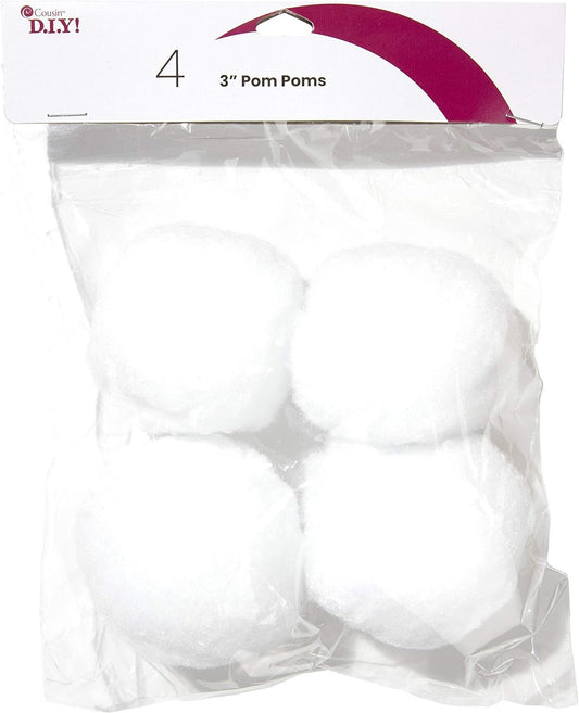Cousin DIY White 3 inch Poms, 4 Pack