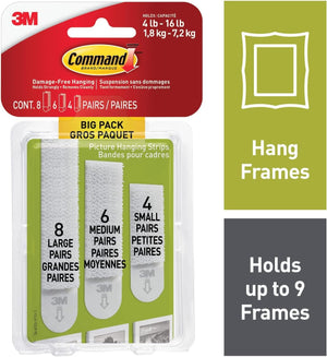 Command Picture Hanging Strips Big Pack, Removable, (4) Small, (6) Medium, (8) Large, White, 18 Pairs/Pack