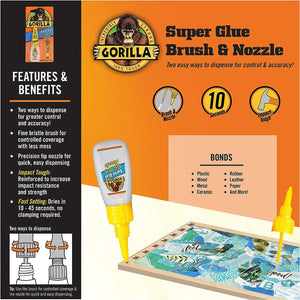 Gorilla Super Glue with Brush & Nozzle Applicator, 10 Gram, Clear, (Pack of 1)