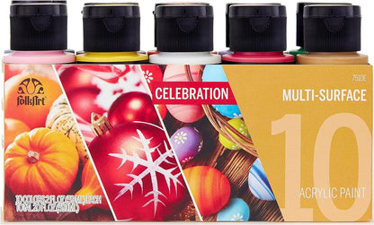 FolkArt Color, 10 Bottle Multi-Surface Acrylic Paint Set, 2oz, Celebrations, 20 Fl Oz (Pack of 1)