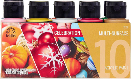 FolkArt Color, 10 Bottle Multi-Surface Acrylic Paint Set, 2oz, Celebrations, 20 Fl Oz (Pack of 1)