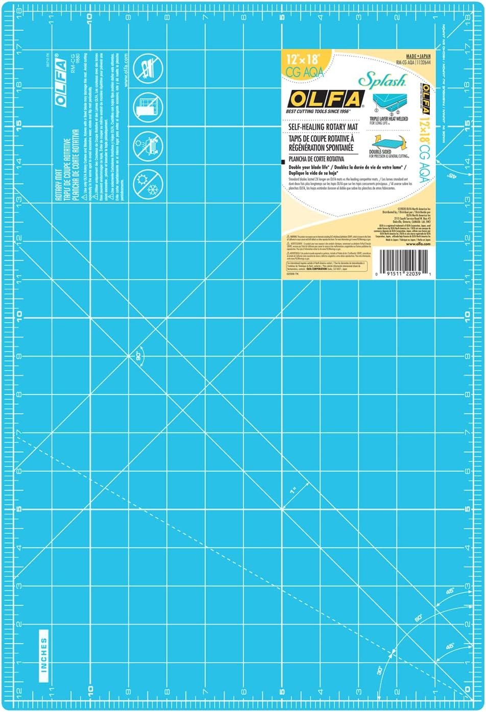 OLFA 12" x 18" Self Healing Rotary Cutting Mat (RM-CG/AQA) - Double Sided 12x18 Inch Cutting Mat with Grid for Fabric, Sewing, Quilting, & Crafts, Designed for Use with Rotary Cutters (Aqua)