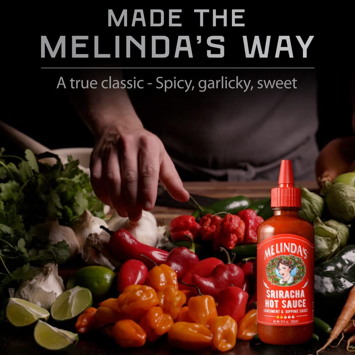 Melinda’s Sriracha Hot Sauce - Classic, Gourmet Sriracha Sauce Made with Fermented Red Jalapeños & Garlic - Keto, Kosher, Vegan, Non-GMO and Gluten Free Hot Sauce - 12oz, 1 Pack