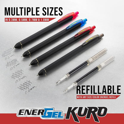 Pentel EnerGel Kuro Gel Pen, (0.7mm) Medium line, Assorted Ink,12 Pack (BL437R1BP12M)