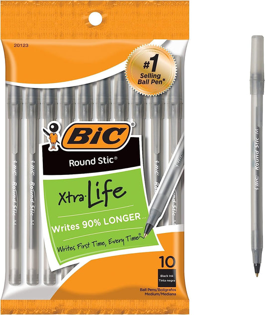 BIC Round Stic Xtra Life Ballpoint Pen, Medium Point (1.0mm), Black, 10-Count