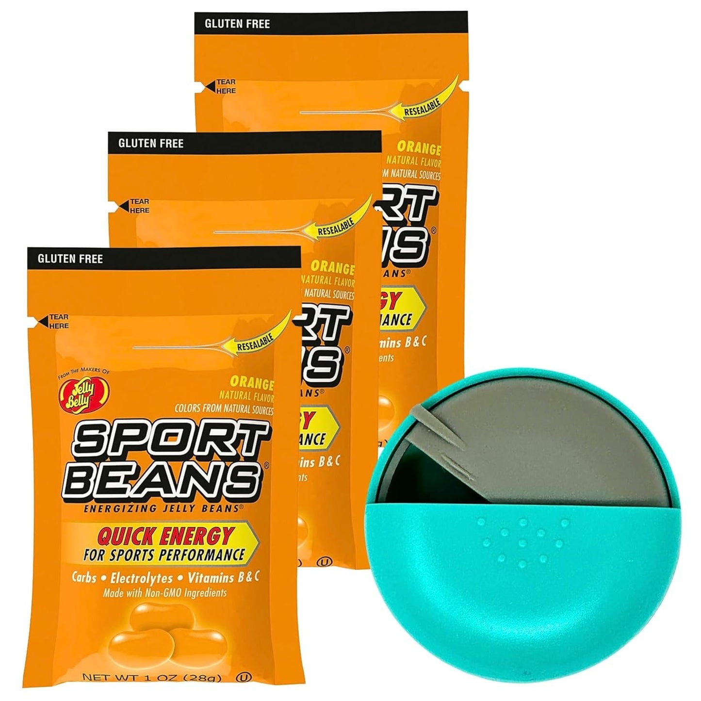 Jelly Belly Sports Beans Berry Flavor (3 pack of 1oz bags) with Mini Candy Dispenser (7.5cm x 2.5cm) - Energy Jelly Beans for Sports and Small Travel Case for Athletes, Runners, Travel, Desktop, etc