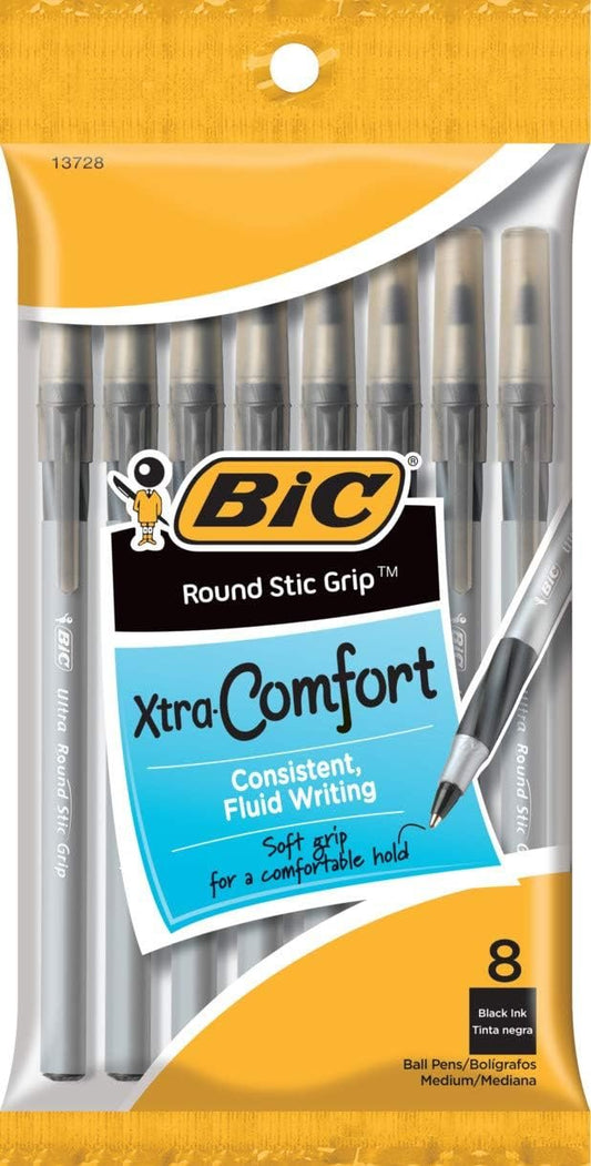 BIC Round Stic Grip Xtra Comfort Black Ballpoint Pens, Medium Point (1.2mm), 8-Count Pack, Perfect Writing Pens With Soft Grip for Superb Comfort and Control