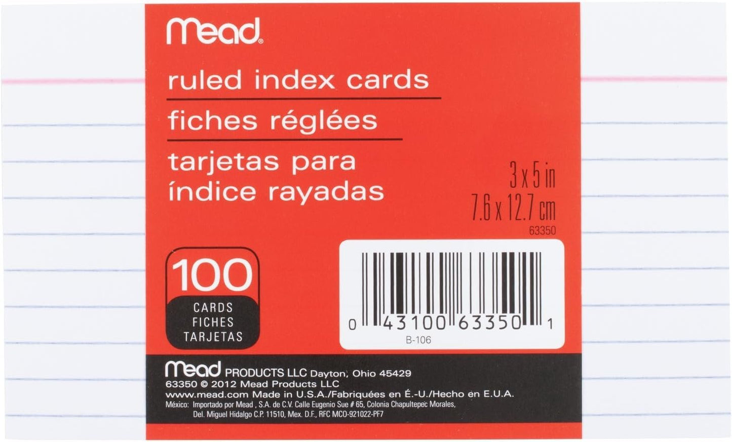 Mead Lined Index Cards, Note Cards, Ruled, 100 Count, 3" x 5", White (63350)