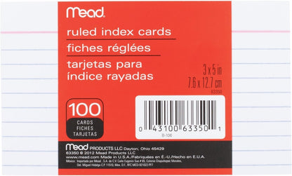 Mead Lined Index Cards, Note Cards, Ruled, 100 Count, 3" x 5", White (63350)