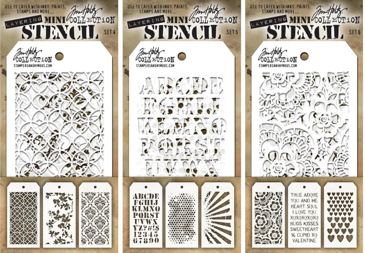 Tim Holtz - Nine Mini Layering Stencils - Latticework, Blossom, Gothic, Cargo, Bubble, Rays, Doily, Valentine and Hearts - aka sets 4, 5 & 6