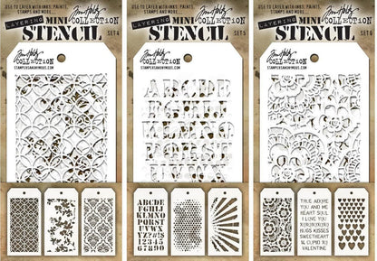 Tim Holtz - Nine Mini Layering Stencils - Latticework, Blossom, Gothic, Cargo, Bubble, Rays, Doily, Valentine and Hearts - aka sets 4, 5 & 6
