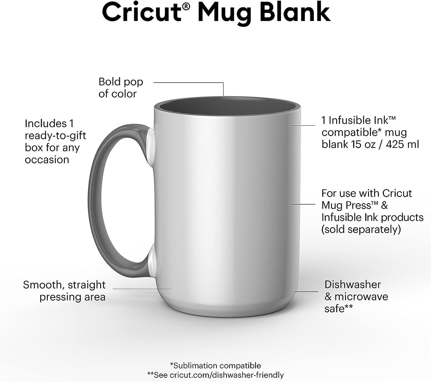 Cricut Blank Mug, Ceramic-Coated, Dishwasher & Microwave Safe Mug to Decorate, Cricut Mug Press & Infusible Ink Compatible,15 Oz Sublimation Mug, Ideal for Crafts and Printing, 2 Count, White