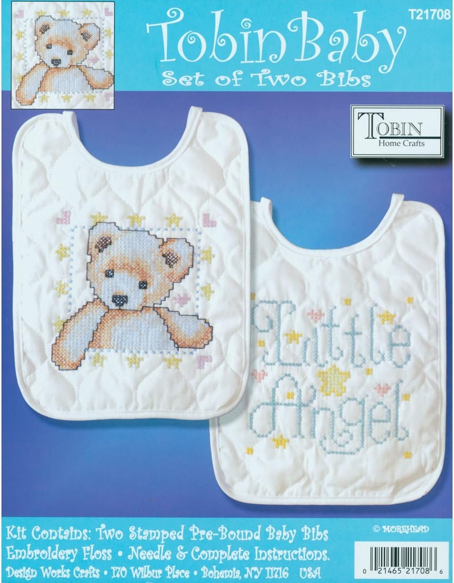 Tobin T21708 Angel Bib Pair Stamped Cross Stitch Kit, 9 by 14-Inch, White, 9" x 14", Set of 2
