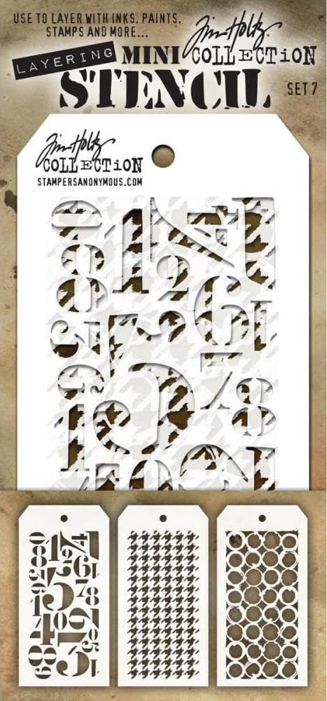 Tim Holtz - Nine Mini Layering Stencils - Numeric, Houndstooth, Rings, Honeycomb, Schoolhouse, Dot Fade, Tiles, Harlequin and Splotches - aka sets 7, 8 & 9