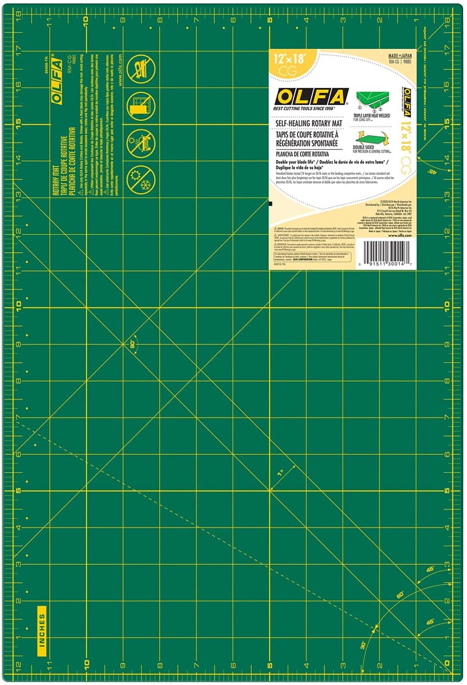 OLFA 12" x 18" Self Healing Rotary Cutting Mat (RM-CG) - Double Sided 12x18 Inch Cutting Mat with Grid for Quilting, Sewing, Fabric, & Crafts, Designed for Use with Rotary Cutters (Green)