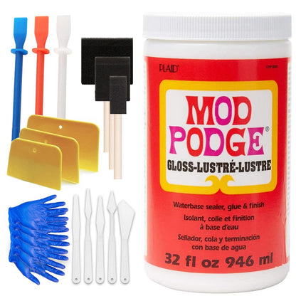 Mod Podge Gloss Waterbase Sealer, Glue & Decoupage Finish, 32 oz, Pixiss Accessory Kit with Silicone Spreaders, Gloves, Spreaders, Brushes