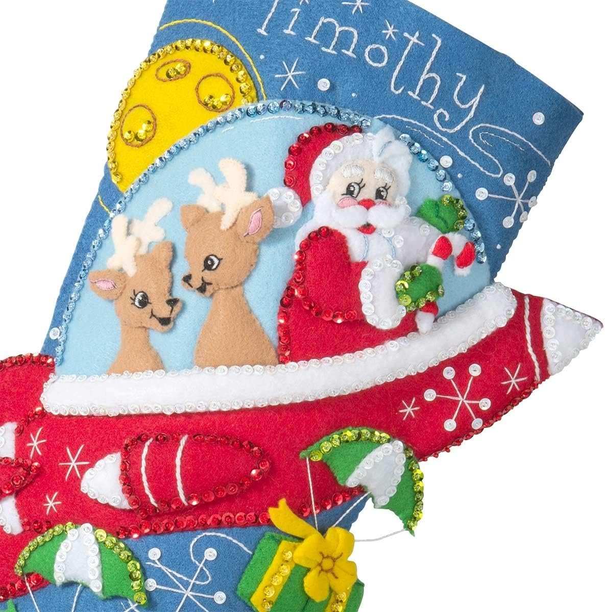 Bucilla 89237E Felt Applique Christmas Stocking Kit, Rocket Ship Santa, 18"