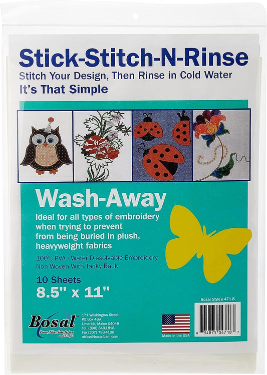 Bosal Stick, Stitch & Rinse 8.5"x11" Interfacing, 8.5" by 11", Clear