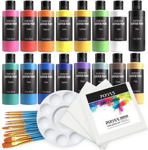 Pixiss Acrylic Paints Set of 16 (59 ml/2fl.oz), Paint Brush 10 Piece Set, 5x5-Inch Canvases 3 Pack, Art Supplies Paint Set for Casual Painters Great for Canvas Painting