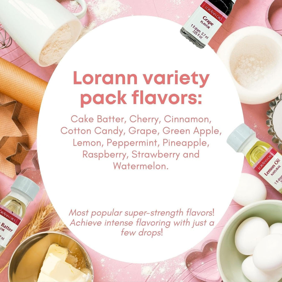 Lorann Oils Flavoring Variety Pack (1/8 oz. ea) with Recipe Book, Storage Stand, 4x Eye Dropper Tool - 12 Flavors Including Green Apple, Strawberry, and Cinnamon Oil for Candy Making and Baking