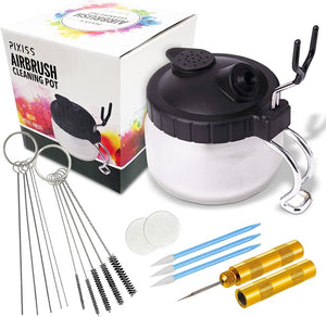 Airbrush Cleaning Kit - Airbrush Clean Pot Glass Cleaning Jar with Holder, 5pc Cleaning Needles, 5pc Cleaning Brushes, 1 Wash Needle, 2 Extra Filters