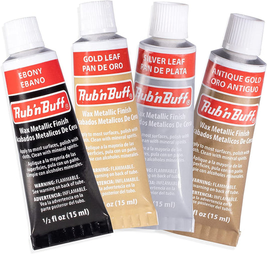 AMACO Rub n Buff Wax Metallic Finish 4 Color Kit - Antique Gold Silver Leaf Gold Leaf Ebony 15ml Tubes - Versatile Gilding Wax for Finishing Furniture Antiquing and Restoration - 4 Rub and Buff Colors