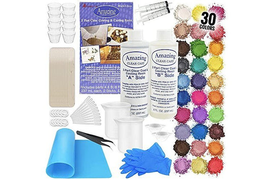 Amazing Clear Cast Bundle - Amazing Clear Cast Resin 8 Ounce, Pixiss 30 Colors Resin Tinting Mica Powders (Assorted Colors), Mixing Sticks, Silicone Measuring Cups, Gloves, Pipettes