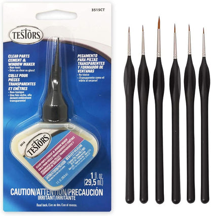 Testors Clear Parts Cement 1-Ounce, Pixiss 6 Fine Detail Miniatures Paint Brushes