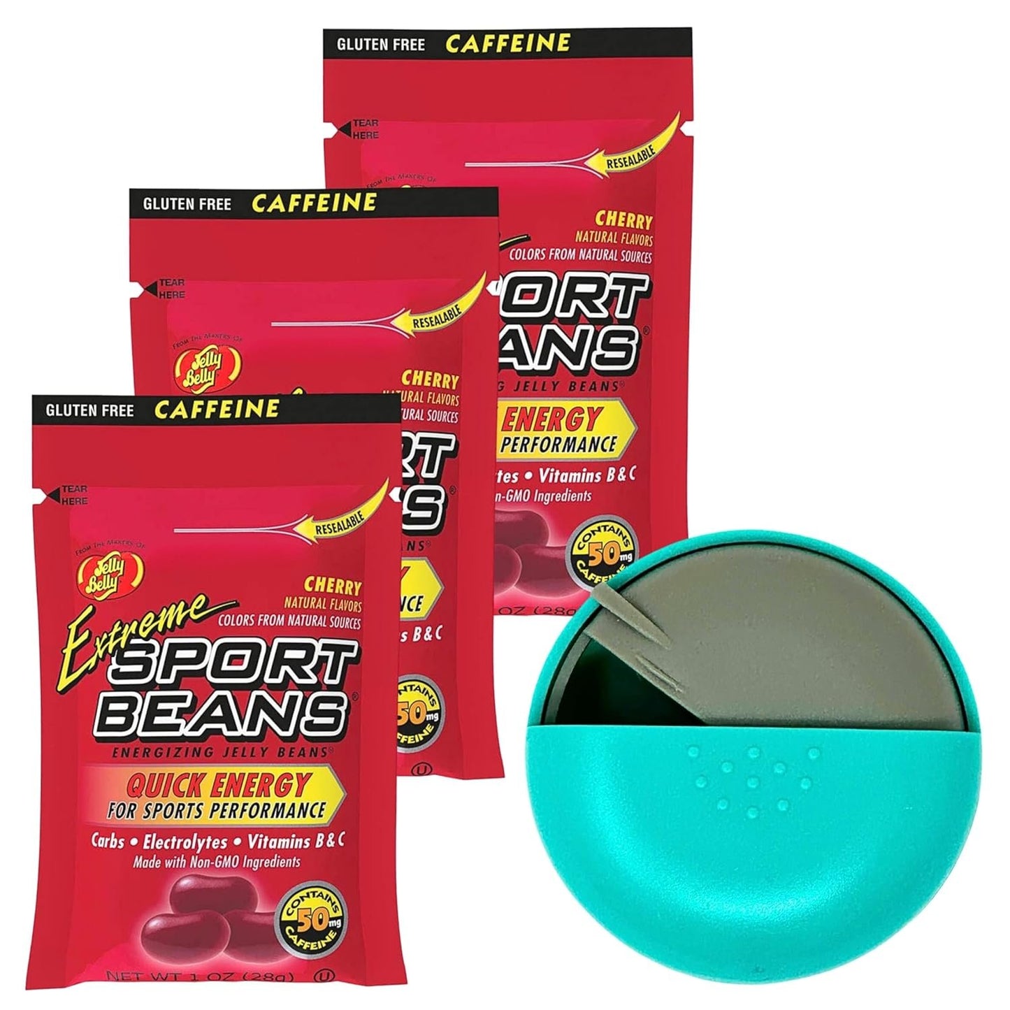 Jelly Belly Sports Beans Berry Flavor (3 pack of 1oz bags) with Mini Candy Dispenser (7.5cm x 2.5cm) - Energy Jelly Beans for Sports and Small Travel Case for Athletes, Runners, Travel, Desktop, etc