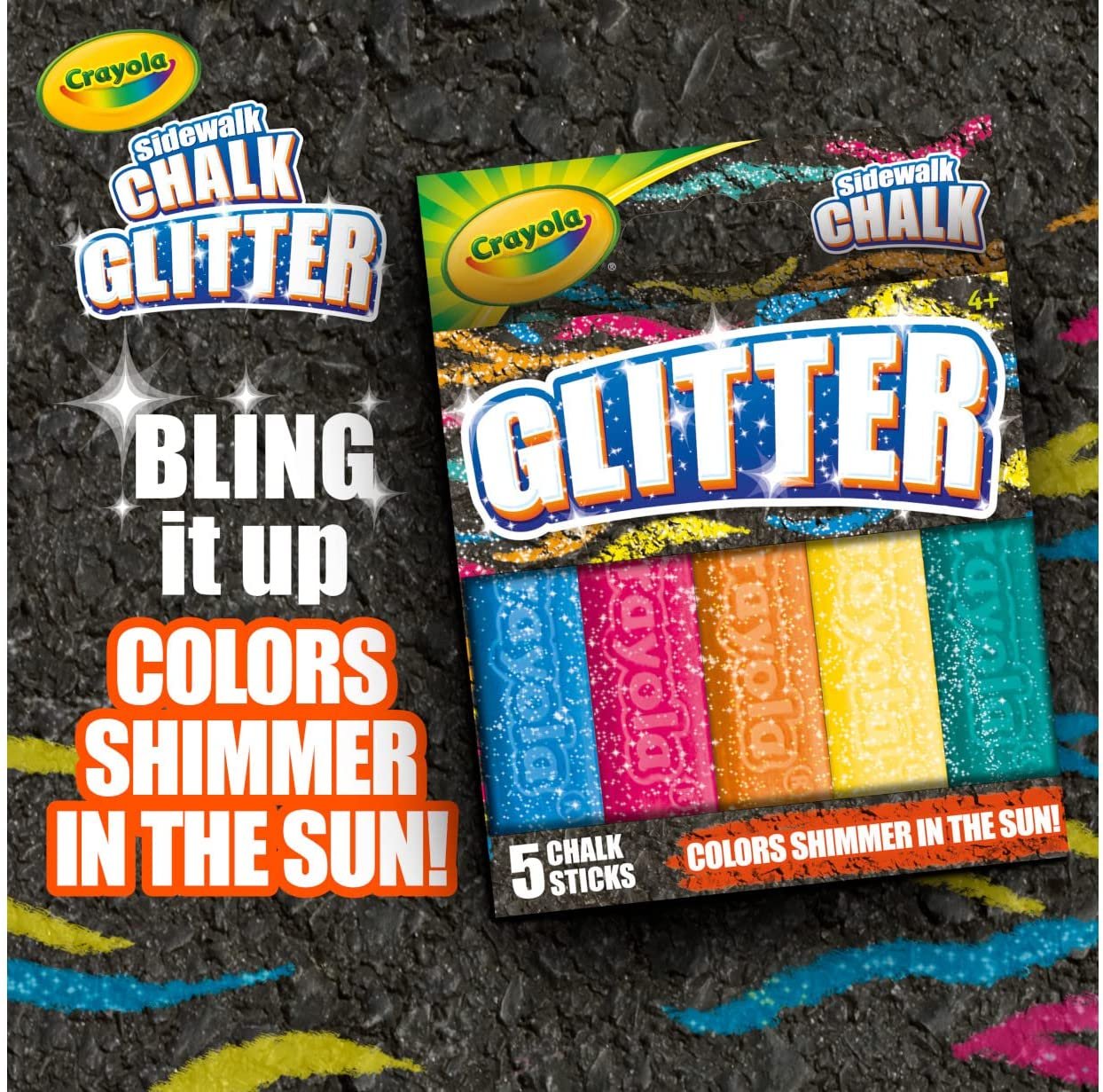 Crayola Outdoor Chalk, Glitter Sidewalk Chalk, Summer Toys, 5 Count