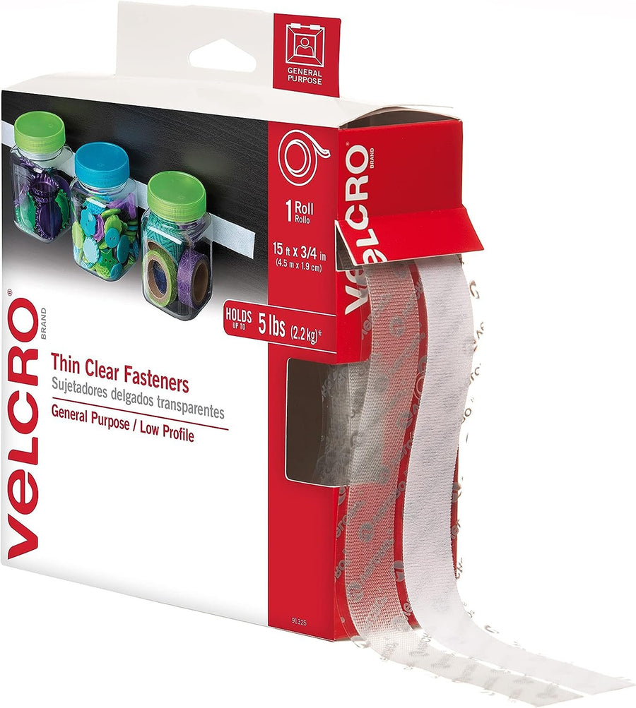 VELCRO Brand Thin Clear Tape | 15 Ft x ¾” | Cut Strips to Length | Home Office or Crafts Fastening Solution | Large Roll, 91325