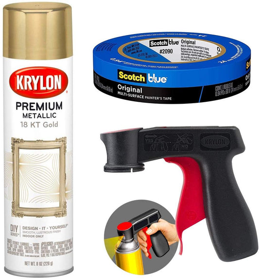 Krylon Gold Metallic Spray Paint 18K Gold 8-Ounce, Snap and Spray Paint Can Handle Sprayer Tool, Blue Multi-Surface Painters Tape