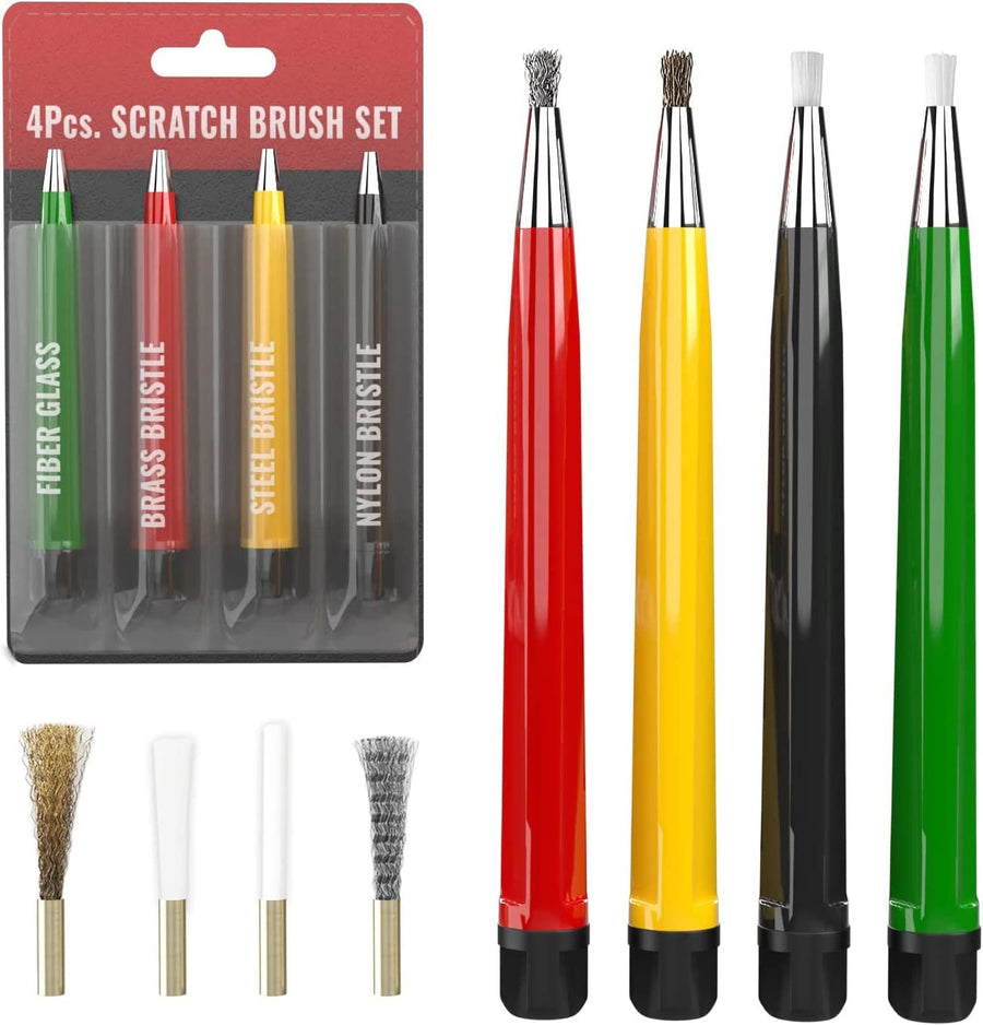 Pixiss Scratch Brush Pen Set With Replacement Tips, Fiberglass, Steel, Brass, Nylon, 5-inches Pen Style Prep Sanding Brush 4-Pack For Corrosion, Rust, Jewelry, Circuit Boards and Auto Body Work