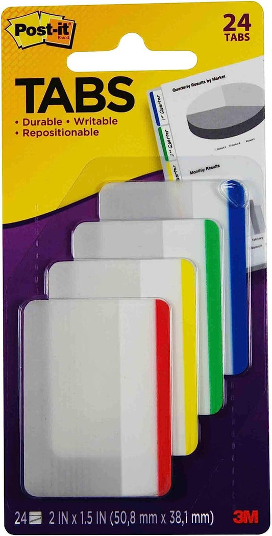 Post-it Tabs, 2 in, Lined, Assorted Primary Colors, 6 Tabs/Color, 4 Colors, 24 Tabs/Pack (686F-1)