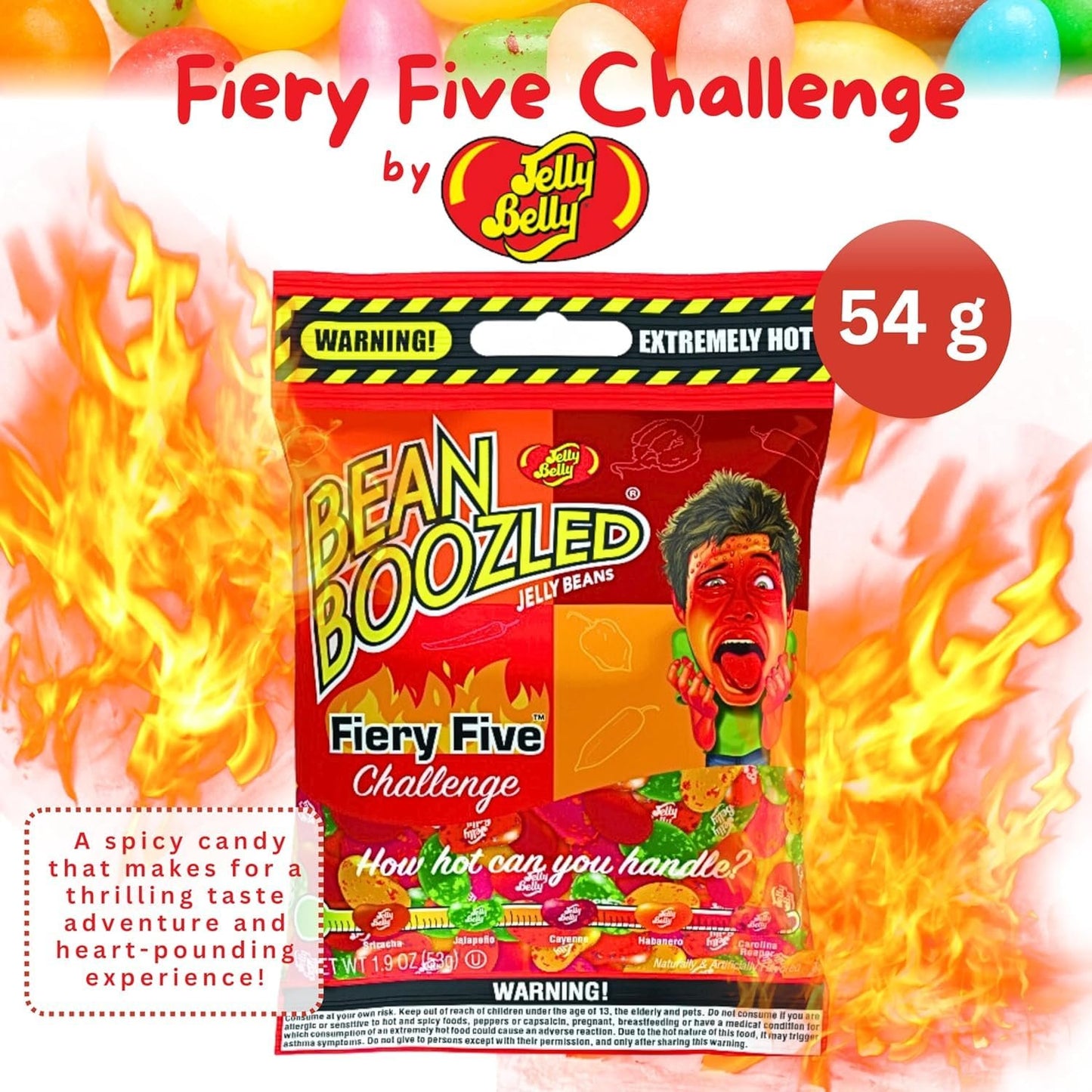 Jelly Belly Bean Boozled Fiery Five (3 pack) and Mini Candy Disepenser (7.5cm x 2.5cm) - Includes 3 bags of 1.9 oz Fiery Five Jellybeans Candy and Small Travel Case for Athletes, Runners, Travel